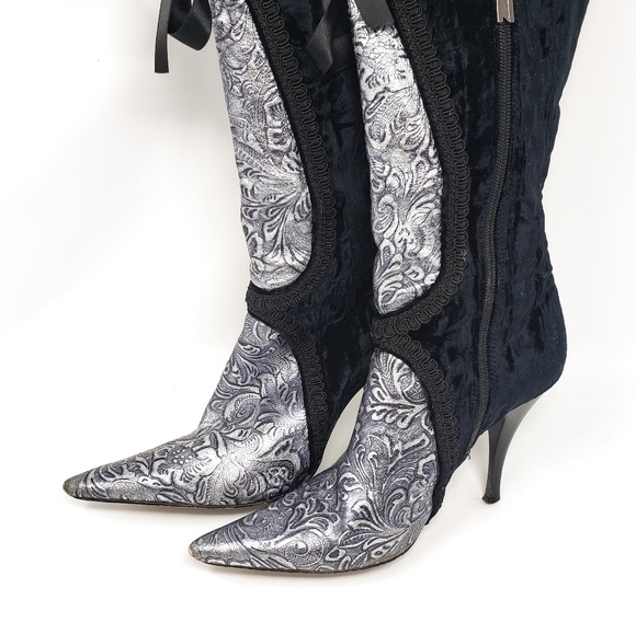 Hype | Handcrafted Black & Silver Heel Boots Sz 7 - Picture 2 of 8